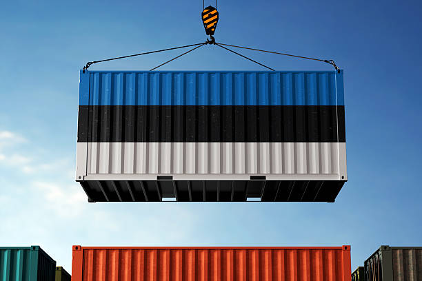istock Estonia trade cargo container hanging against clouds background 2214855285