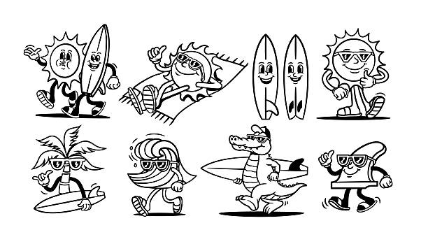 illustrations, cliparts, dessins animés et icônes de ensemble vectoriel de surf d’été de dessin animé rétro. soleil, planche de surf, vague, palmier, alligator. - surf silhouettes