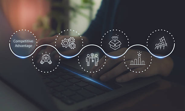 istock Competitive Advantage Concept. The key to business success. Working on laptop, competitive advantage with the icons of innovation, differentiation strategy, value creation, performance and achievement 2214861493