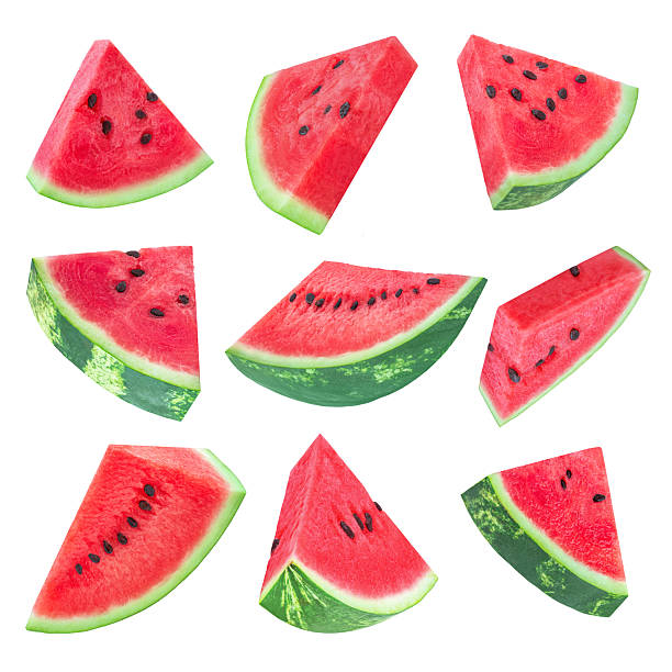 istock Flying Watermelon triangle slices with seeds isolated on white. Falling  juicy Watermelon fruit pieces. Collection. Pattern. Package design element. 2214868630