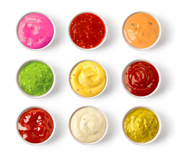 istock Set of various sauces in bowls, isolated on white background, top view 2214869976