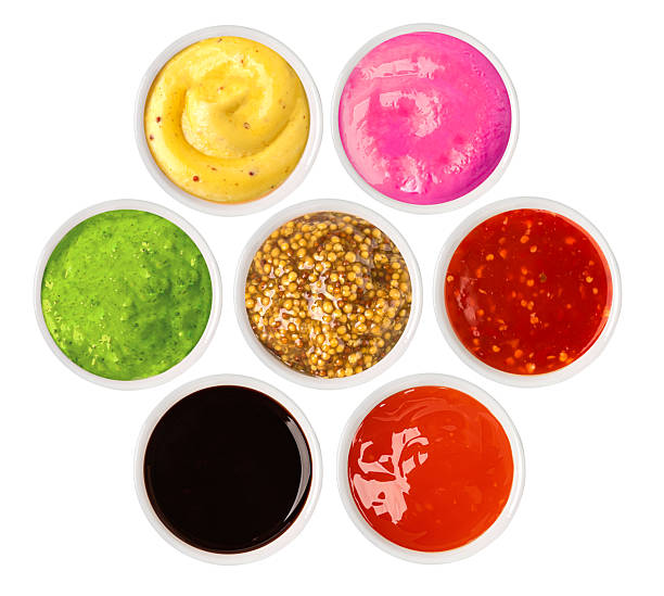 istock Set of various sauces in bowls, isolated on white background, top view 2214869980