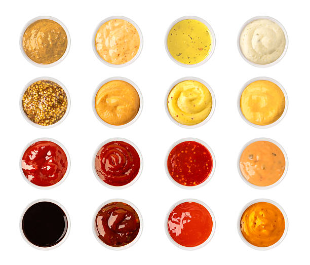 istock Set of various sauces in bowls, isolated on white background, top view 2214869982