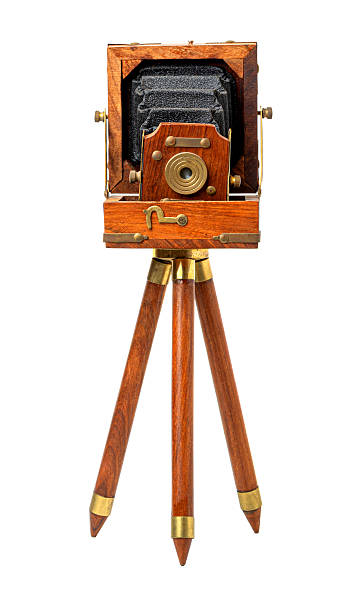 istock Vintage wooden folding camera on tripod capturing memories 2214870039