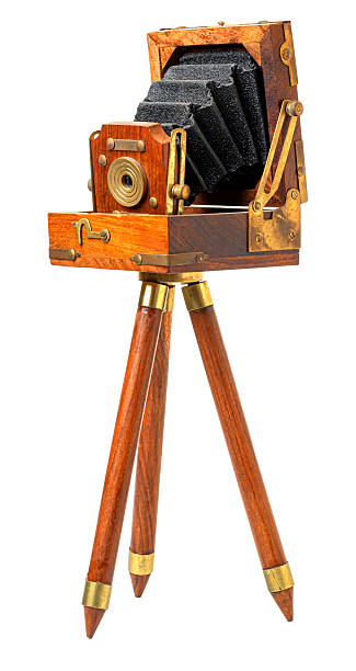 istock Vintage wooden folding camera on tripod capturing memories 2214870040