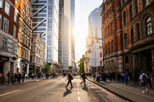 A street in the city center of London under beautiful sunset light. Bishopsgate in Liverpool street area
