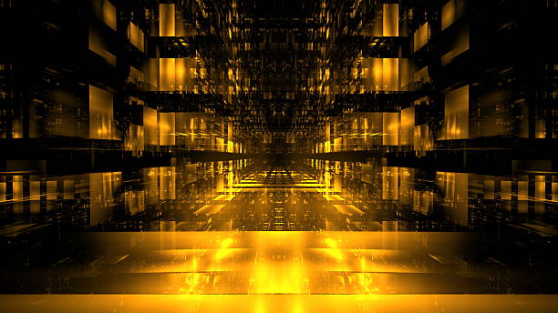 Vibrant golden light beams radiate in a complex geometric arrangement, creating an immersive atmosphere that evokes a sense of depth and motion in a digital environment. 3d render