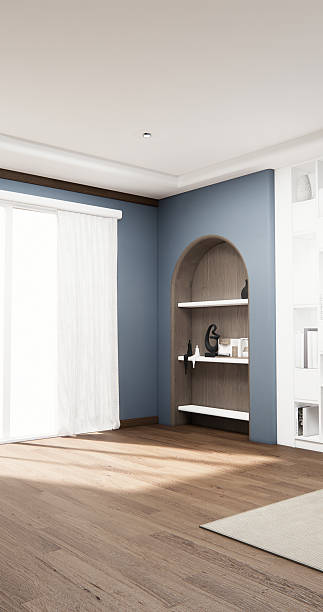 istock Mockup with room interior on light blue wall in modern white floor. 3d rendering 2214877666