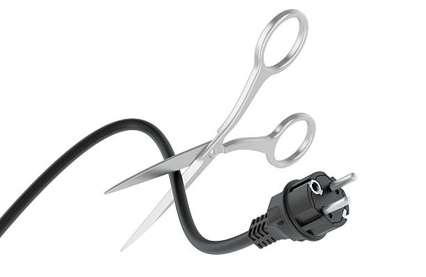 istock Scissors cutting of electrical power cable with plug. Power outage or saving energy, concept. 3D rendering 2214880026