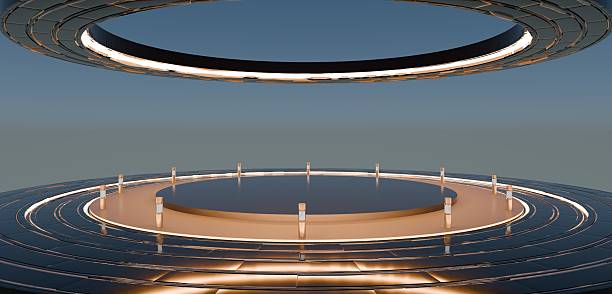 istock Round showroom, podium, circle stage, circle base, modern showroom, 3d illustration 2214883666