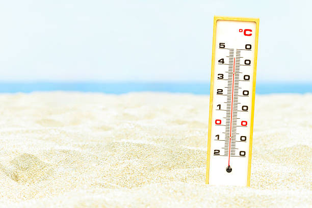 istock Isolated thermometer on white sand beach 2214888985