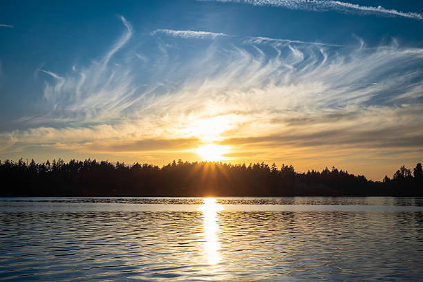 Sunset scene over lake water surface. Dramatic sunset landscape with clouds over still lake