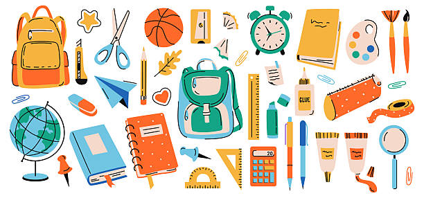 ilustraciones, imágenes clip art, dibujos animados e iconos de stock de juego de útiles escolares - material escolar