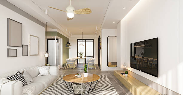 istock Modern living room and dining space. 3d rendering 2214892383