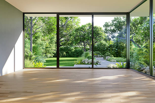 istock Modern contemporary style empty room with tropical green garden background 3d render 2214893215