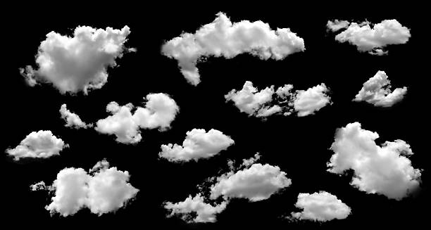 istock Set white clounds isolated on a black background, The cloud is divided into several parts, Multiple unique cloud segments, Small and large white clouds isolated. 2214893984