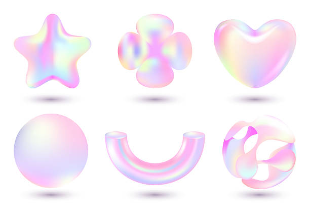 istock Shiny holographic 3d geometric shapes se. Abstract glossy design elements for banner, brochure, poster. Vector icons 2214909621