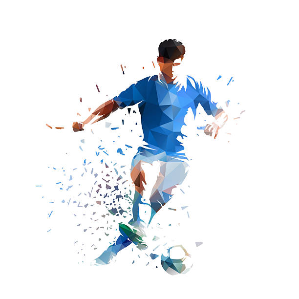 istock Soccer. Football player kicking ball, isolated low polygonal vector illustration with distortion effect, sports clipart 2214918884