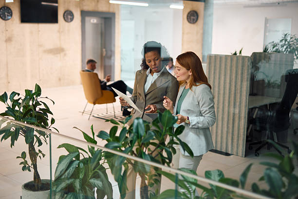 istock Businesswomen discussing paperwork in modern office with plants 2214926035