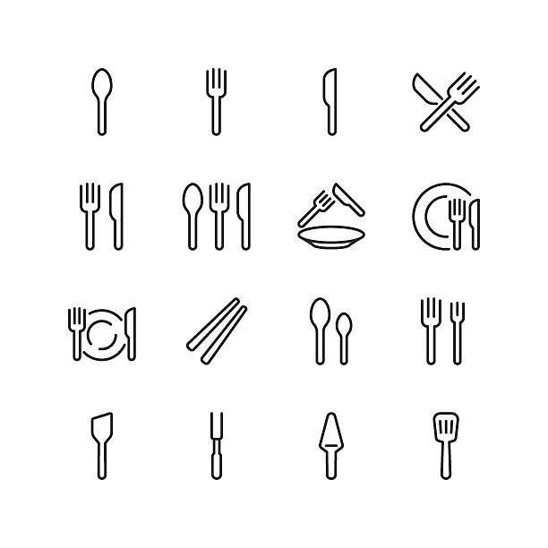 příbory a stolování, lineární styl ikony set. lžíce, vidličky, nože, hůlky, talíře a jídelní aranžmá. pro menu restaurací, potravinářskou aplikaci, kuchyň. upravitelná šířka tahu - vidlička stock ilustrace