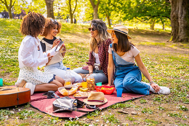istock Four young women having fun at a picnic in the park 2214937408