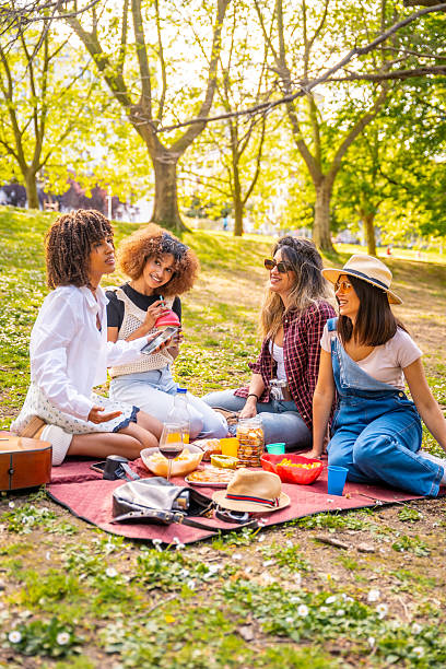 istock Four young women having picnic in a park during springtime 2214937410