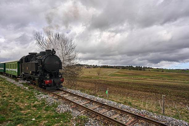 Old diesel locomotive steaming through a rural landscape at sunset