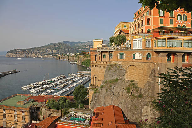 Sorrento, Italy - June 24, 2014: Moored Boats Marina Harbour at Summer Day Campania Travel Aerial View.
