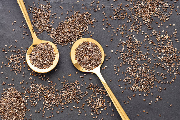 istock Salvia Hispanica - Nutrient chia seeds in two spoons. 2214947638