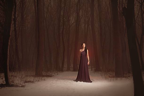 A woman in a long dress stands in a snowy forest, surrounded by tall trees, under a moody, mysterious atmosphere.