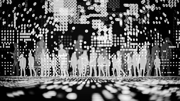 Unrecognizable group of people in VR environment. 3D generated image.
