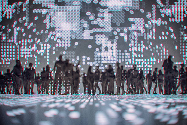 Unrecognizable group of people in VR environment. 3D generated image.