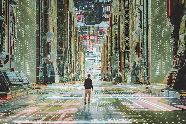istock Young man walking in futuristic city 2214954854