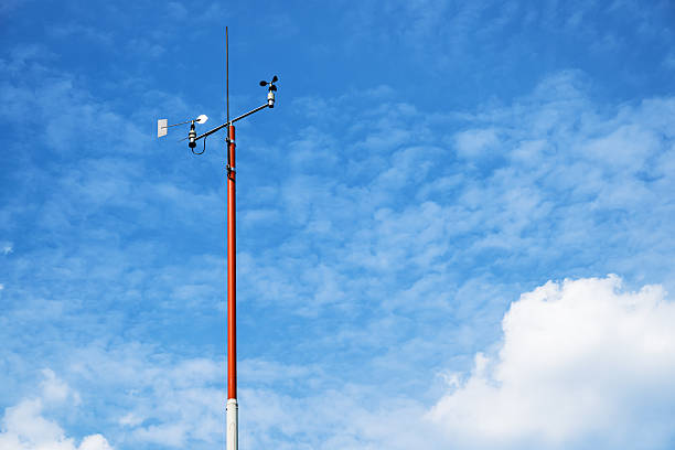 Weather station instruments with sunny blue sky and clouds background