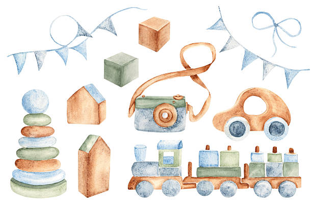 istock Wooden Eco Toys set. Car, Camera, Train and Cubes and Pyramid. Bunting blue Boy Party Flags. Watercolor Hand drawn Kids illustration in Vintage style isolated on white background. Design Elements for Kids goods, posters, birthday cards. 2214959170