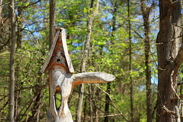 istock Wooden forest elf carving points the way to wanderers seeking direction. 2214962636