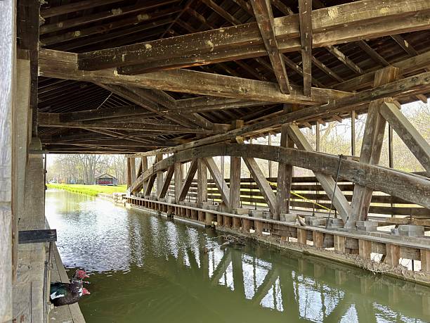 istock Interior of old wooden covered bridge over calm canal with ducks 2214963621