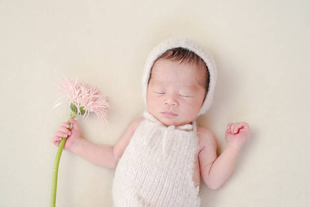 istock A 7-day-old Japanese newborn baby, in a pink romper and hat, holds a pink gerbera while resting on a white background. This soft image captures the beauty and innocence of early life. 2214975570