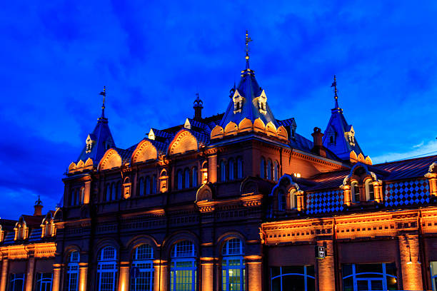 Sergiev Posad, Russia - August 15, 2019: Illuminated restaurant complex \