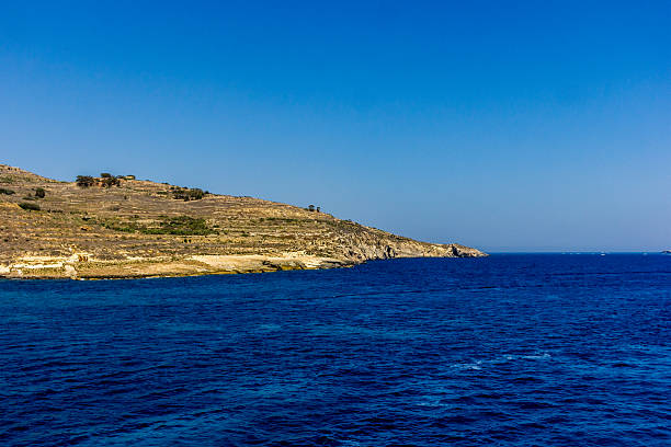 An expansive coastal scene showcasing rugged landscapes alongside vibrant blue ocean waters under a clear sky, portraying nature's beauty and serenity of scenic Mediterranean shorelines.