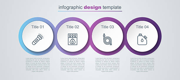 Set line Flashlight, Matchbox and matches, Fire hose reel and Canister fuel. Business infographic template. Vector Set line Flashlight, Matchbox and matches, Fire hose reel and Canister fuel. Business infographic template. Vector. flammable cabinet stock illustrations