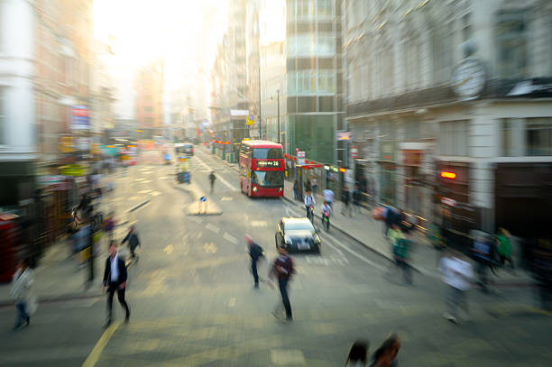 A London street zoomed in with a red double decker bus