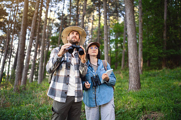 istock Couple birdwatching in a forest with binoculars and notebook, exploring nature 2214991566