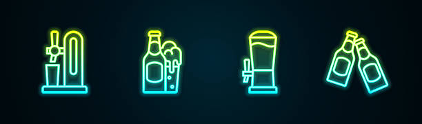 istock Set line Beer tap with glass, bottle and, and . Glowing neon icon. Vector 2214994221