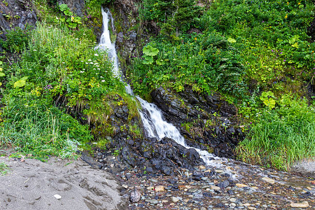 Okhotsk Sea Coast. Cape Bird. Small Waterfall. Sakhalin, Russia