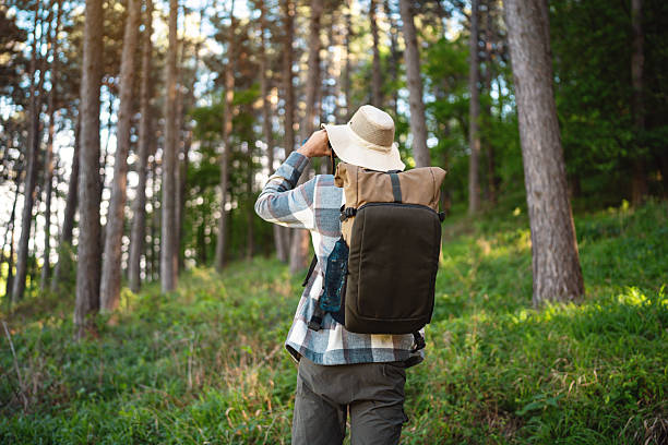 istock Person hiking in forest with backpack, capturing nature with binoculars 2214994752