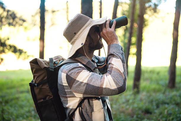 istock Man observing wildlife through black binoculars in a lush forest setting 2214994787