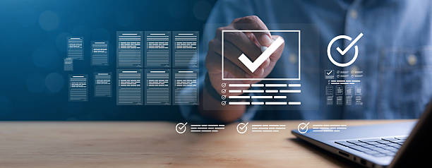 istock Businessman showing online document validation icon, quality assessment management With a checklist, business document evaluation process, market data report analysis and consulting, plan review process. 2214995977