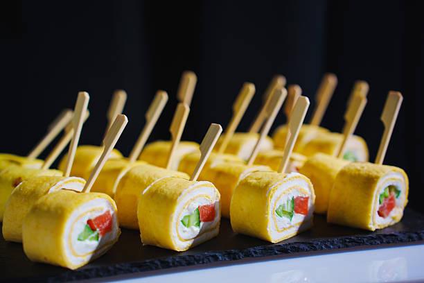 Colorful Japanese egg rolls served as appetizers for a party