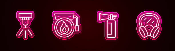 istock Set line Fire sprinkler system, Ringing alarm bell, extinguisher and Gas mask. Glowing neon icon. Vector 2215000123